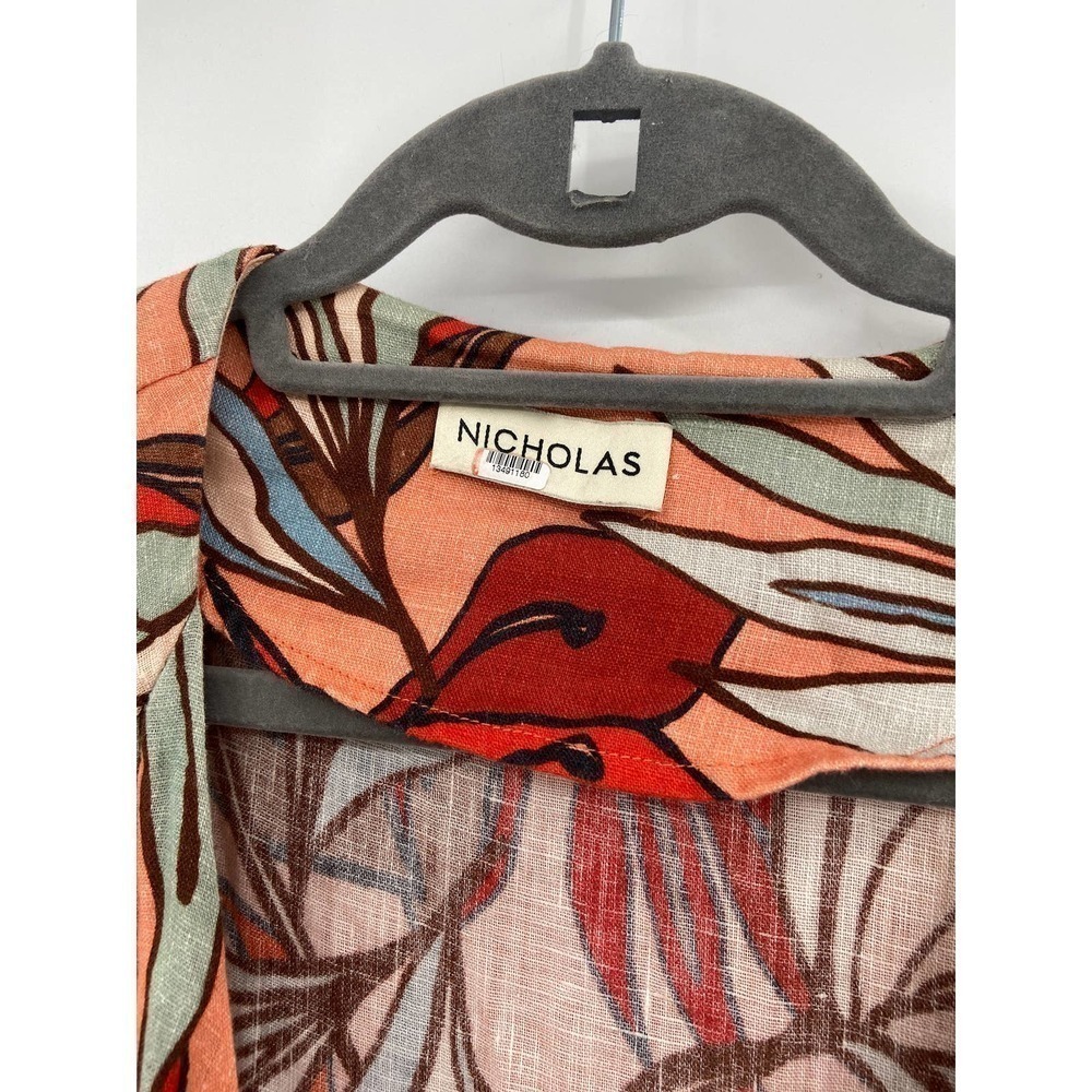 Nicholas Asilah Tropical Floral Print Orange Tie Front V-Neck Midi Dress Size 10 - Picture 6 of 8